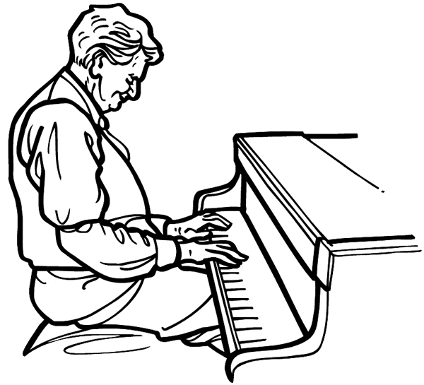 Senior citizen playing piano vinyl sticker. Customize on line. Music 061-0347